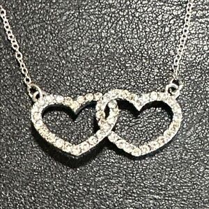 163.  Double Rhinestone Heart Silver Tone Necklace
